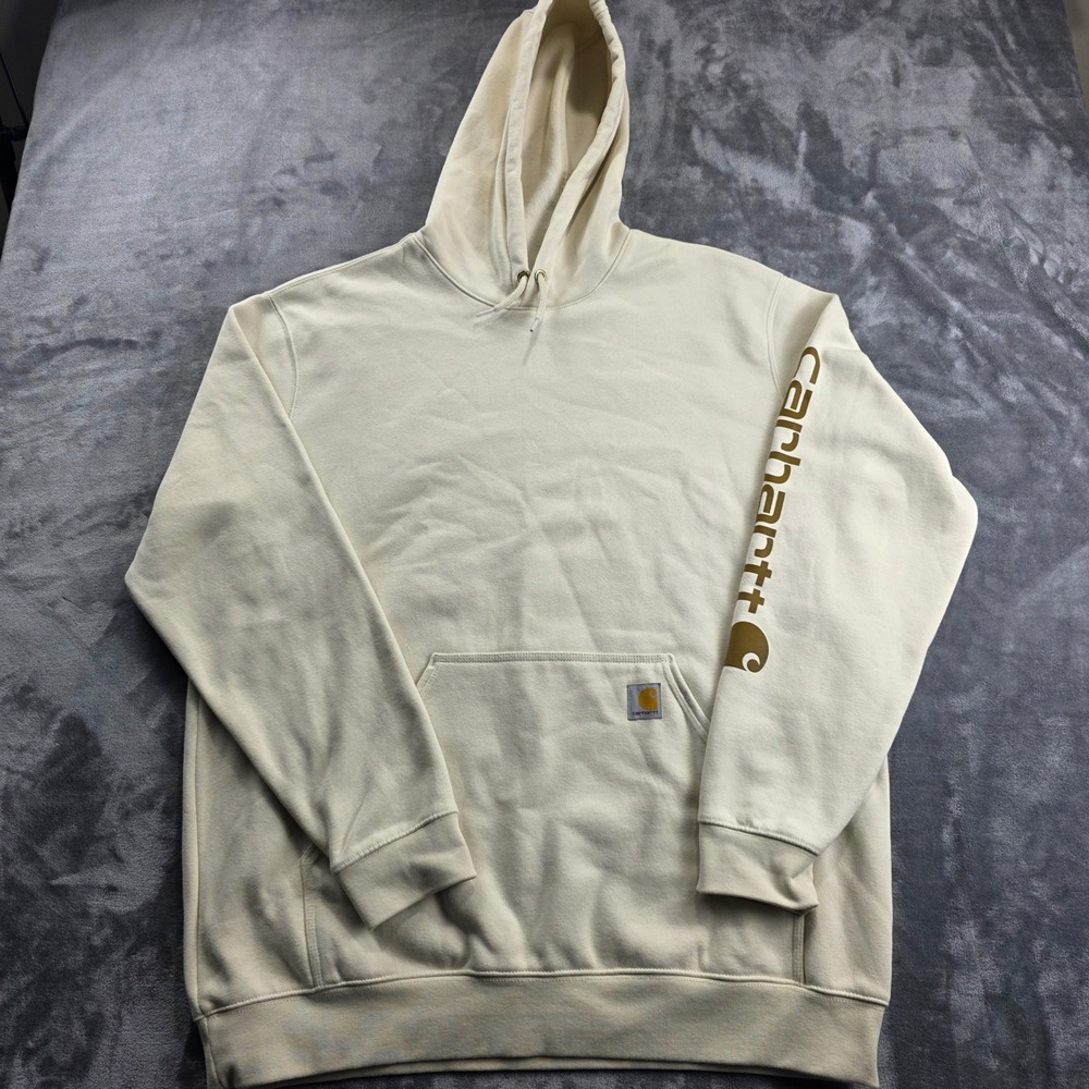 Carhartt Hoodie Mens XL Cream Graphic Sleeve Loose Fit Workwear Outdoor Pullover